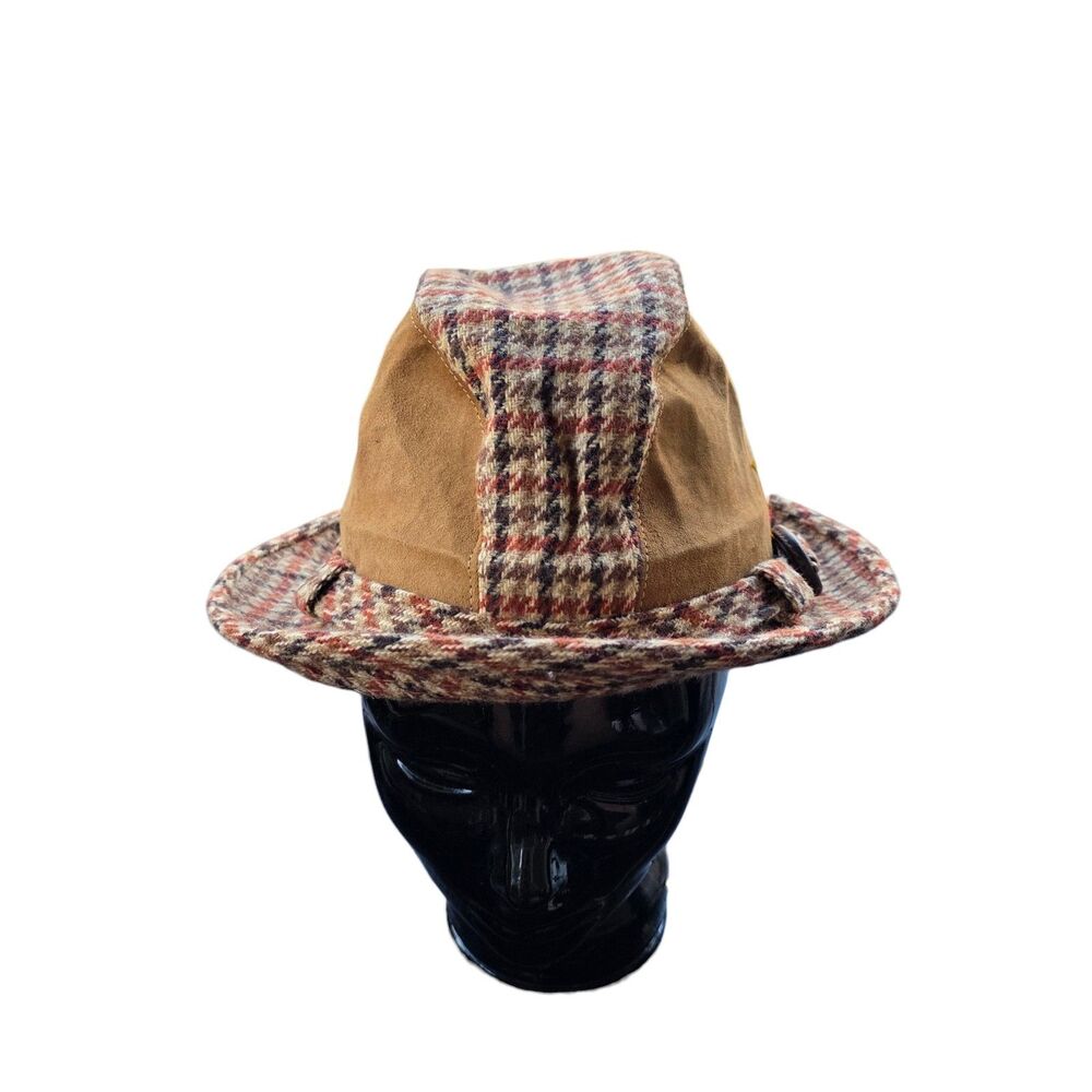 Country Gentleman Tweed Houndstooth Fedora Suede Feather Vintage Alpine Hat